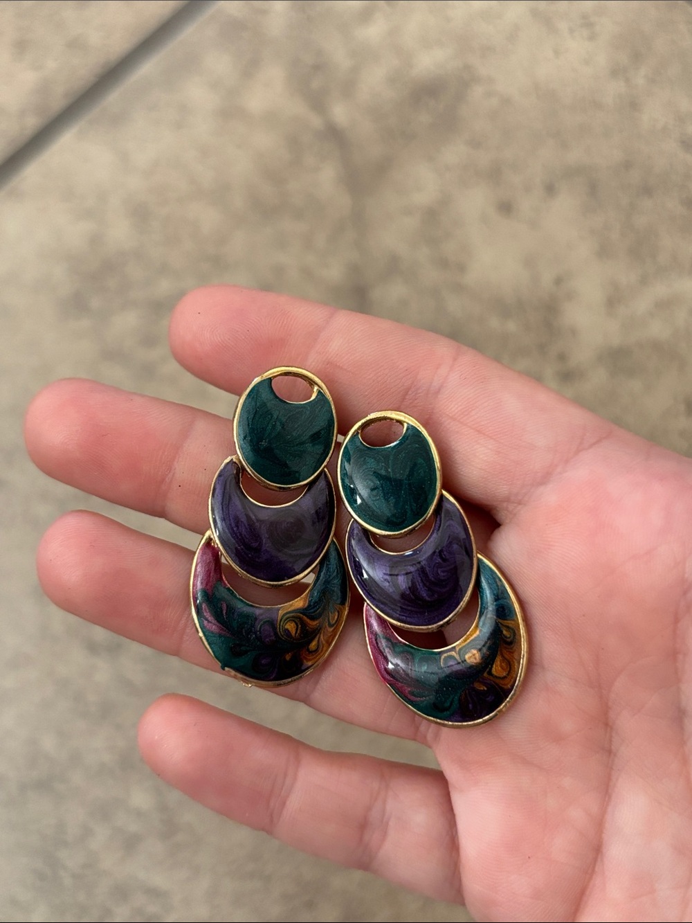 Pair of Vintage Colorful Enamel Gold Tone Dangle Earrings